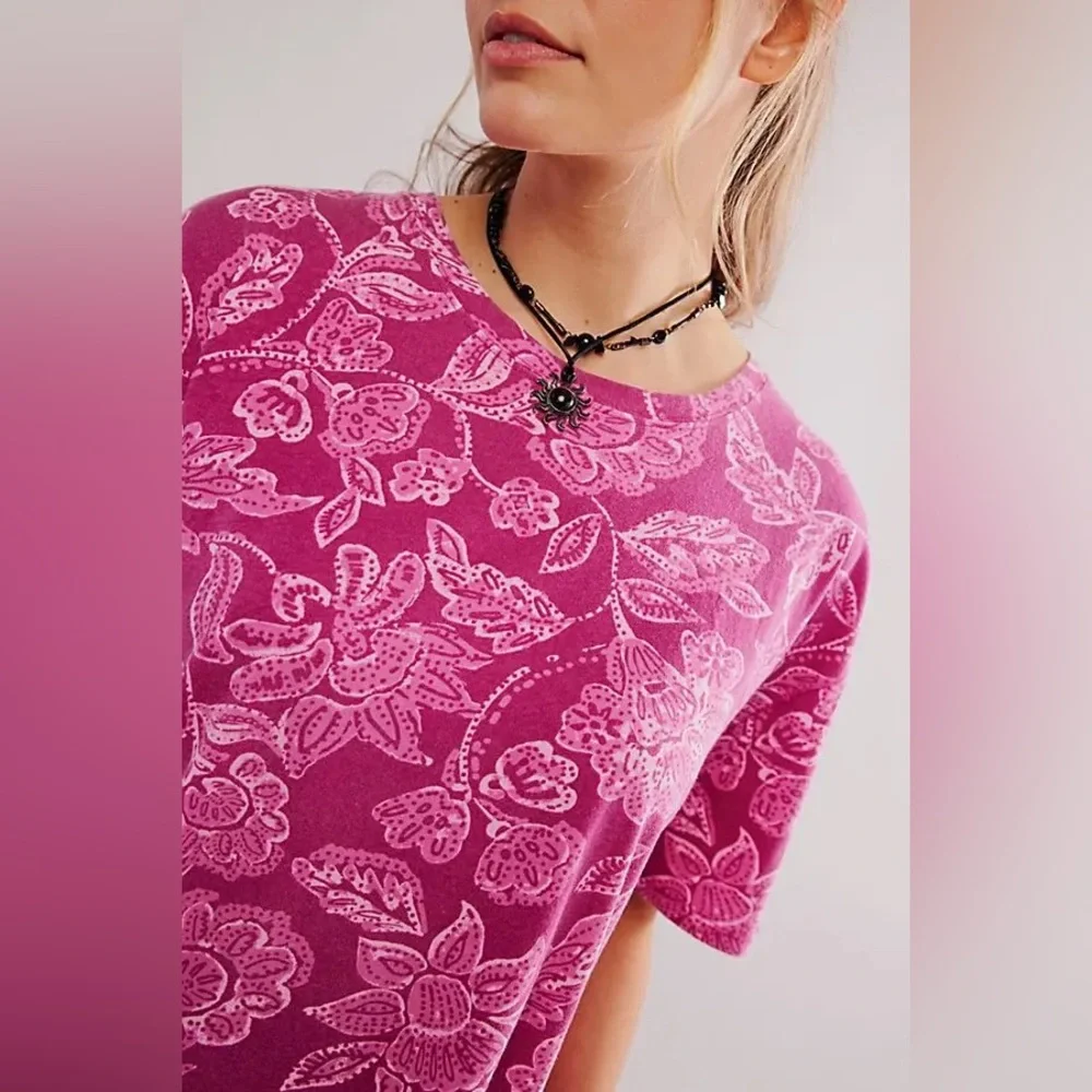 NWOT Free People/We The Free Nina Printed Tee-Magenta Combo